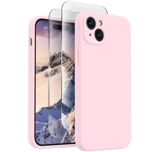 FireNova iPhone 15 uchun mo'ljallangan g'ilof, silikon yangilangan [Kamera himoyasi] Telefon g'ilofi [2 ekran himoyachisi] bilan, ichida yumshoq tirnalishga qarshi mikrofiber qoplamasi, 6,1 dyuym, Chalk Pink - FIRENOVA