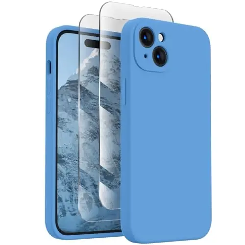 FireNova iPhone 15 uchun mo'ljallangan g'ilof, silikon yangilangan [Kamera himoyasi] Telefon g'ilofi [2 ekran himoyachisi] bilan, ichida yumshoq tirnalishga qarshi mikrofiber qoplamasi, 6,1 dyuym, ko'k 