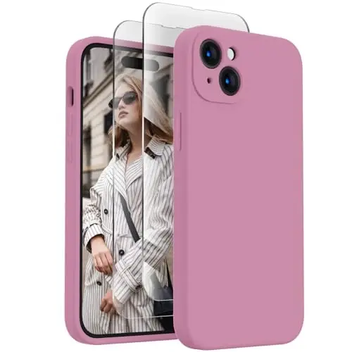 FireNova iPhone 15 uchun mo'ljallangan g'ilof, silikon yangilangan [Kamera himoyasi] Telefon g'ilofi [2 ekran himoyachisi] bilan, ichki qismi yumshoq chizilishga qarshi mikrofiber astarli, 6,1 dyuym, Lilac binafsha 