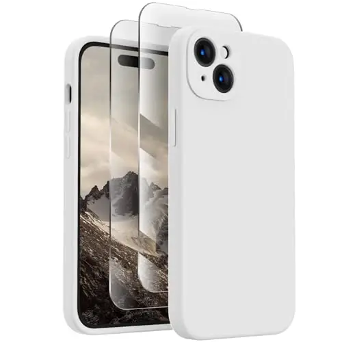 FireNova iPhone 15 uchun mo'ljallangan g'ilof, silikon yangilangan [Kamera himoyasi] Telefon g'ilofi [2 ekran himoyachisi] bilan, ichki qismi yumshoq tirnalishga qarshi mikrofiber astarli, 6.1 dyuym, oq 