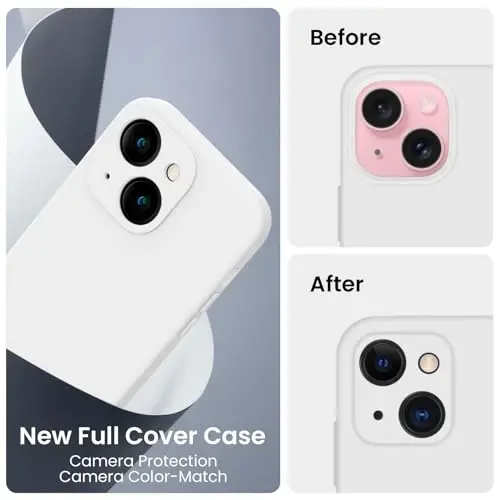 FireNova iPhone 15 uchun mo'ljallangan g'ilof, silikon yangilangan [Kamera himoyasi] Telefon g'ilofi [2 ekran himoyachisi] bilan, ichki qismi yumshoq tirnalishga qarshi mikrofiber astarli, 6.1 dyuym, oq - 3