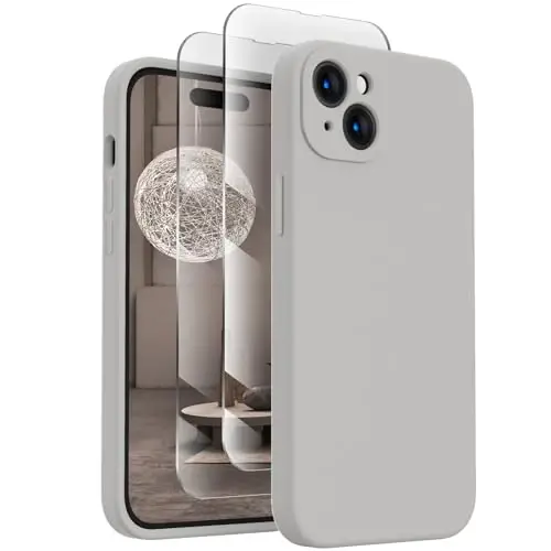 FireNova iPhone 15 uchun mo'ljallangan g'ilof, silikon yangilangan [Kamera himoyasi] Telefon g'ilofi [2 ekran himoyachisi] bilan, ichki qismi yumshoq tirnalishga qarshi mikrofiber astarli, 6,1 dyuym, tabiiy titan 