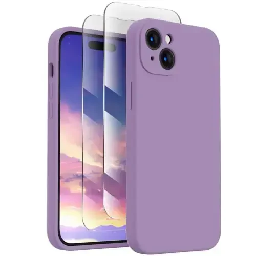 FireNova iPhone 15 uchun moʻljallangan gʻilof, silikon yangilangan [Kamera himoyasi] Telefon gʻilofi [2 ekran himoyachisi] bilan, ichki qismi yumshoq tirnalishga qarshi mikrofiber qoplamali, 6,1 dyuym, och binafsha 