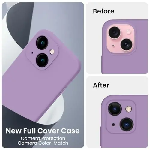FireNova iPhone 15 uchun moʻljallangan gʻilof, silikon yangilangan [Kamera himoyasi] Telefon gʻilofi [2 ekran himoyachisi] bilan, ichki qismi yumshoq tirnalishga qarshi mikrofiber qoplamali, 6,1 dyuym, och binafsha - 3