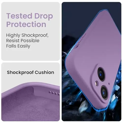 FireNova iPhone 15 uchun moʻljallangan gʻilof, silikon yangilangan [Kamera himoyasi] Telefon gʻilofi [2 ekran himoyachisi] bilan, ichki qismi yumshoq tirnalishga qarshi mikrofiber qoplamali, 6,1 dyuym, och binafsha - 4