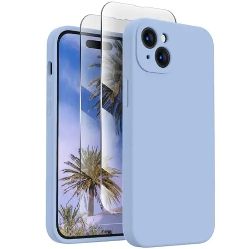 FireNova iPhone 15 uchun mo'ljallangan g'ilof, silikon yangilangan [Kamera himoyasi] Telefon g'ilofi [2 ekran himoyachisi] bilan, ichki qismi yumshoq tirnalishga qarshi mikrofiber qoplamali, 6,1 dyuym, och ko'k 