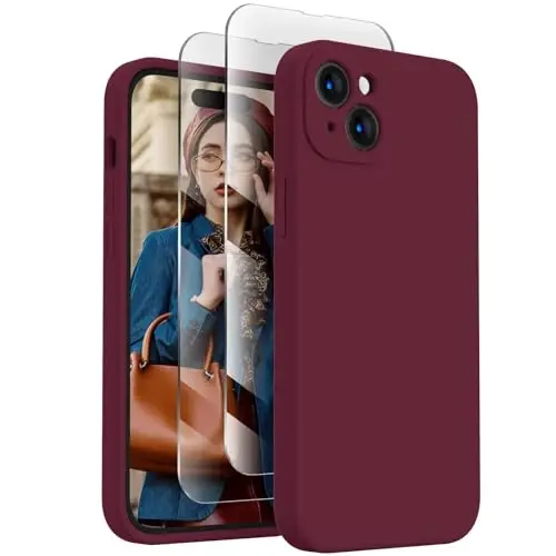 FireNova iPhone 15 uchun mo'ljallangan g'ilof, silikon yangilangan [Kamera himoyasi] Telefon g'ilofi [2 ekran himoyachisi] bilan, ichki yumshoq tirnalishga qarshi mikrofiber qoplamali, 6.1 dyuym, olxo'ri 