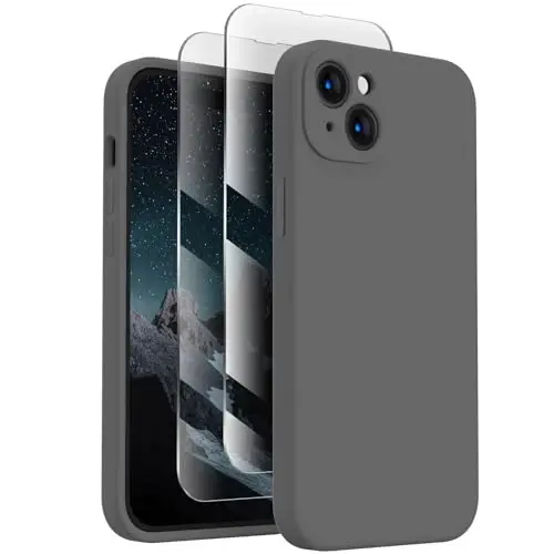 FireNova iPhone 15 uchun mo'ljallangan g'ilof, Silikon yangilangan [Kamera himoyasi] Telefon g'ilofi [2 ekran himoyachisi] bilan, Yumshoq tirnalishga qarshi mikrofiber astar ichida, 6.1 dyuym, Kosmik kulrang 