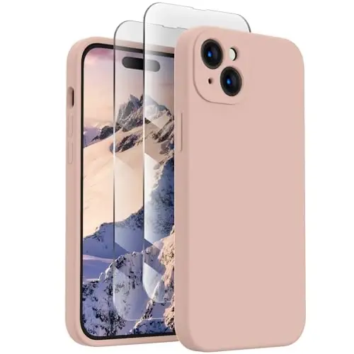 FireNova iPhone 15 uchun mo'ljallangan g'ilof, Silikon yangilangan [Kamera himoyasi] Telefon g'ilofi [2 ekran himoyachisi] bilan, Yumshoq tirnalishga qarshi mikrofiber astar ichida, 6,1 dyuym, Pinksand 