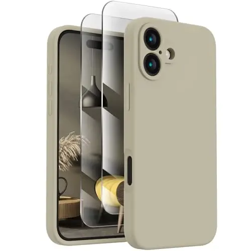FireNova Designed for iPhone 16 Case, Silicone Upgraded [Camera Protection] Phone Case with [2 Screen Protectors], Soft Anti-Scratch Microfiber Lining Inside, 6.1 inch, Khaki 