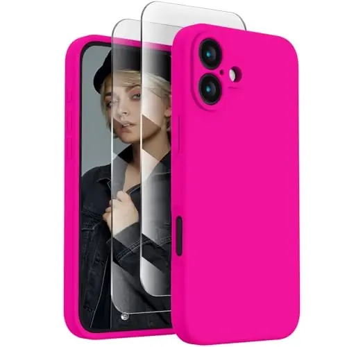 FireNova iPhone 16 uchun g'ilof, Silikon yangilangan [Kamera himoyasi] Telefon g'ilofi [2 ekran himoyachisi] bilan, Ichki yumshoq tirnalishga qarshi mikrofiber qoplamali, 6.1 dyuym, To'q pushti 