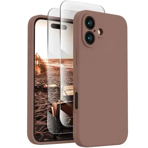 FireNova iPhone 16 uchun moʻljallangan gʻilof, silikon yangilangan [Kamera himoyasi] Telefon gʻilofi [2 ekran himoyachisi] bilan, ichida yumshoq tirnalishga qarshi mikrofiber astar, 6,1 dyuym, och jigarrang 