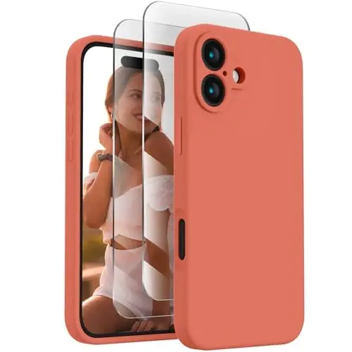 FireNova iPhone 16 uchun mo'ljallangan g'ilof, silikon yangilangan [Kamera himoyasi] Telefon g'ilofi [2 ekran himoyachisi] bilan, ichida yumshoq tirnalishga qarshi mikrofiber astar, 6,1 dyuym, pushti pomelo 