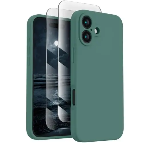 FireNova iPhone 16 uchun moʻljallangan gʻilof, silikon yangilangan [Kamera himoyasi] Telefon gʻilofi [2 ekran himoyachisi] bilan, ichida yumshoq tirnalishga qarshi mikrofiber qoplamasi, 6.1 dyuym, Midnight Green 