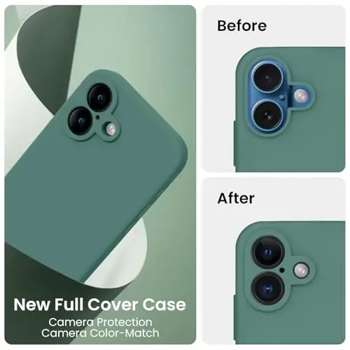 FireNova iPhone 16 uchun moʻljallangan gʻilof, silikon yangilangan [Kamera himoyasi] Telefon gʻilofi [2 ekran himoyachisi] bilan, ichida yumshoq tirnalishga qarshi mikrofiber qoplamasi, 6.1 dyuym, Midnight Green - 3