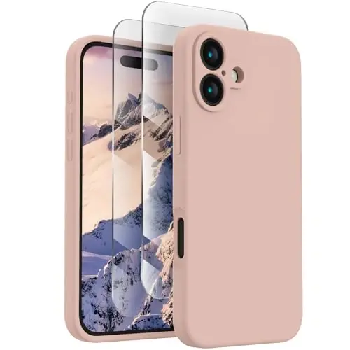FireNova iPhone 16 uchun mo'ljallangan g'ilof, silikon yangilangan [Kamera himoyasi] Telefon g'ilofi [2 ekran himoyachisi] bilan, ichida yumshoq tirnalishga qarshi mikrofiber qoplamasi, 6,1 dyuym, Pinksand - 1
