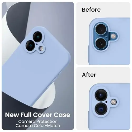 FireNova iPhone 16 uchun mo‘ljallangan g‘ilof, silikon yangilangan [Kamera himoyasi] Telefon g‘ilofi [2 ekran himoyachisi] bilan, ichki qismi yumshoq tirnalishga qarshi mikrofiber astarli, 6,1 dyuym, och ko‘k - 3