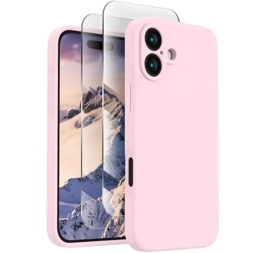 FireNova iPhone 16 uchun mo'ljallangan g'ilof, silikon yangilangan [Kamera himoyasi] Telefon g'ilofi [2 ekran himoyachisi] bilan, ichki qismi yumshoq tirnalishga qarshi mikrofiber qoplamali, 6,1 dyuym, Chalk Pink 