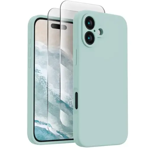 FireNova iPhone 16 uchun mo'ljallangan g'ilof, silikon yangilangan [Kamera himoyasi] Telefon g'ilofi [2 ekran himoyachisi] bilan, ichki qismi yumshoq tirnalishga qarshi mikrofiber qoplamali, 6.1 dyuym, yalpiz yashil - 1