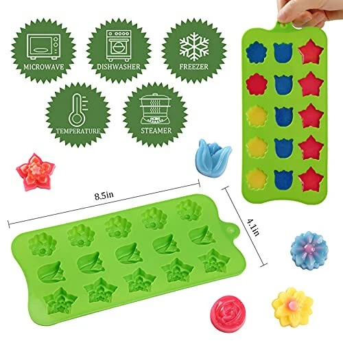 FIRETREESILVERFLOWER Flower Shape Chocolate Candy Molds Set,Heart,The stars,The rose,Flowers in Combination,15 Cavity Silicone Baking Mold Ice Cube Tray-Wedding,Festival,Parties and DIY Crafts-(6Pcs) - FIRETREESILVERFLOWER (1)