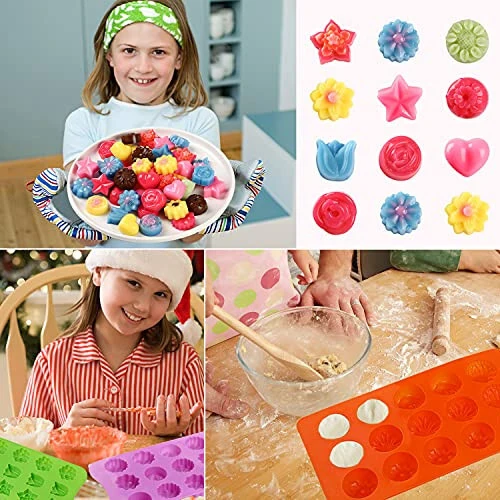FIRETREESILVERFLOWER Flower Shape Chocolate Candy Molds Set,Heart,The stars,The rose,Flowers in Combination,15 Cavity Silicone Baking Mold Ice Cube Tray-Wedding,Festival,Parties and DIY Crafts-(6Pcs) - 3