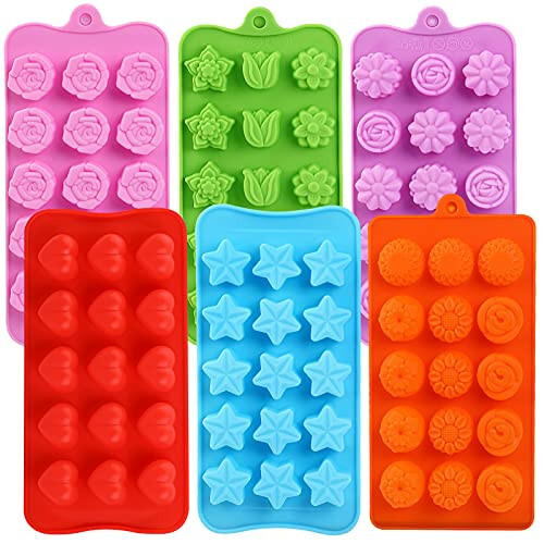 FIRETREESILVERFLOWER Flower Shape Chocolate Candy Molds Set,Heart,The stars,The rose,Flowers in Combination,15 Cavity Silicone Baking Mold Ice Cube Tray-Wedding,Festival,Parties and DIY Crafts-(6Pcs) - FIRETREESILVERFLOWER