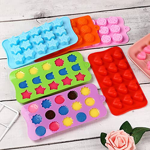 FIRETREESILVERFLOWER Flower Shape Chocolate Candy Molds Set,Heart,The stars,The rose,Flowers in Combination,15 Cavity Silicone Baking Mold Ice Cube Tray-Wedding,Festival,Parties and DIY Crafts-(6Pcs) - 4