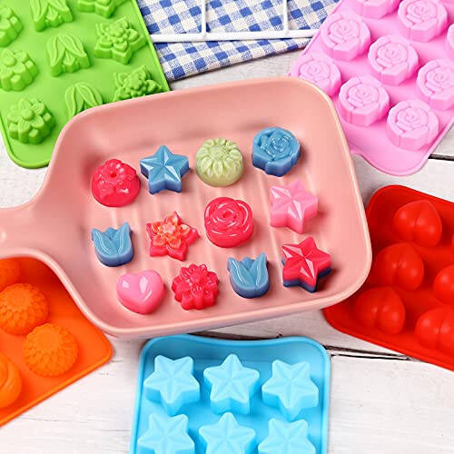 FIRETREESILVERFLOWER Flower Shape Chocolate Candy Molds Set,Heart,The stars,The rose,Flowers in Combination,15 Cavity Silicone Baking Mold Ice Cube Tray-Wedding,Festival,Parties and DIY Crafts-(6Pcs) - 6