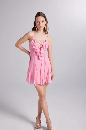 Fırfır Detaylı Şifon Mini Sorento Elbise Pembe - Pembe 