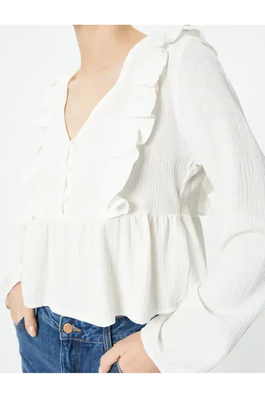 Fırfırlı Bluz Uzun Kollu Yuvarlak Yaka Dokulu - KOTON