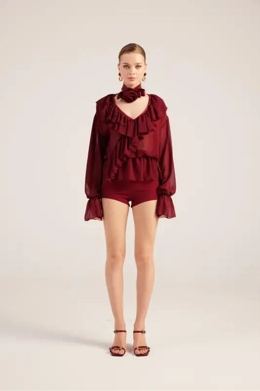 Fırfırlı Güllü Choker Aksesuarlı Şifon Sassy Gömlek Bordo - Bordo - 8