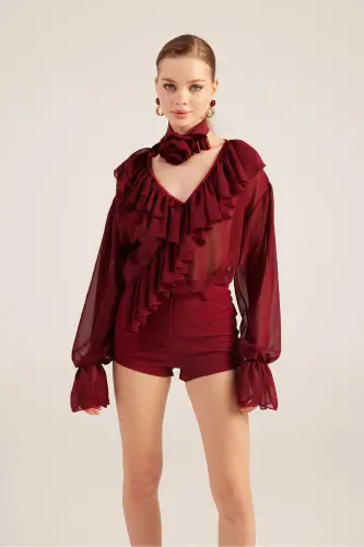 Fırfırlı Güllü Choker Aksesuarlı Şifon Sassy Gömlek Bordo - Bordo - 2