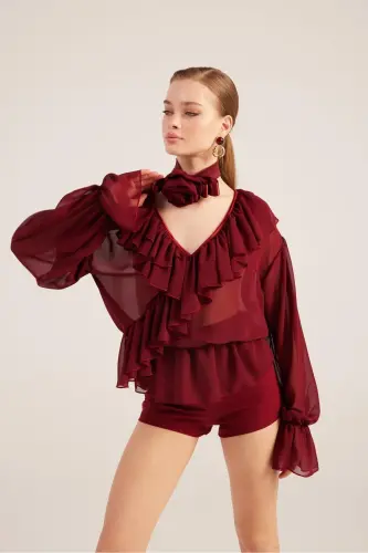 Fırfırlı Güllü Choker Aksesuarlı Şifon Sassy Gömlek Bordo - Bordo - 4