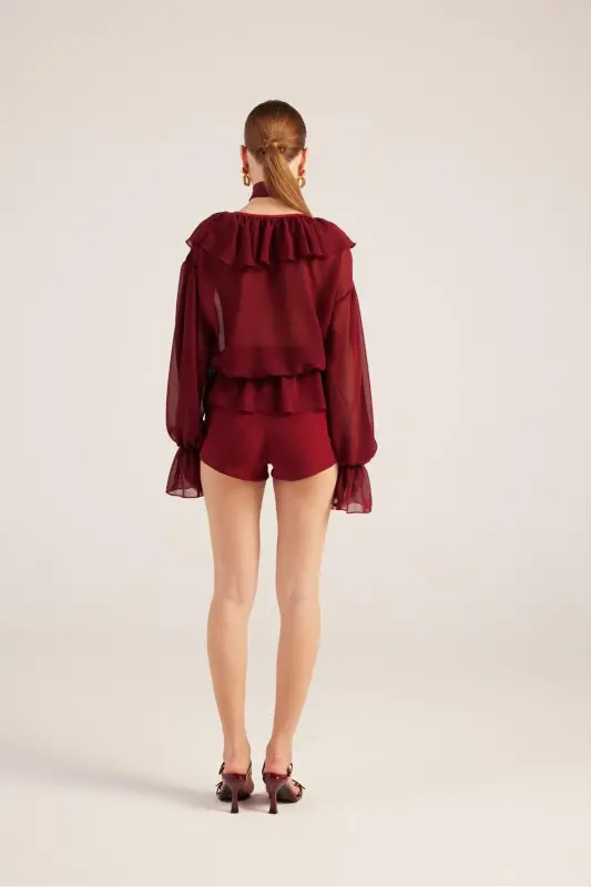 Fırfırlı Güllü Choker Aksesuarlı Şifon Sassy Gömlek Bordo - Bordo - 5