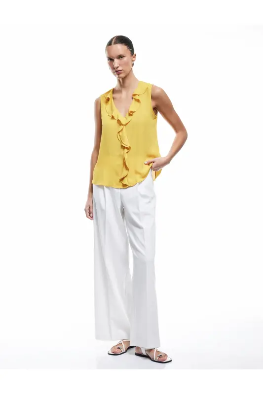 Fırfırlı V Yaka Kolsuz Krep Bluz-Hardal - 2