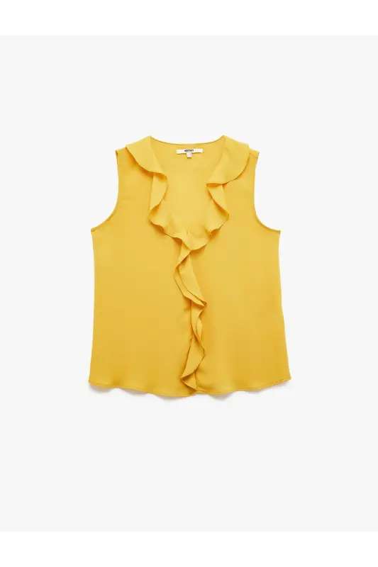 Fırfırlı V Yaka Kolsuz Krep Bluz-Hardal - 3