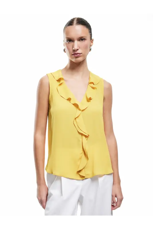 Fırfırlı V Yaka Kolsuz Krep Bluz-Hardal - KOTON