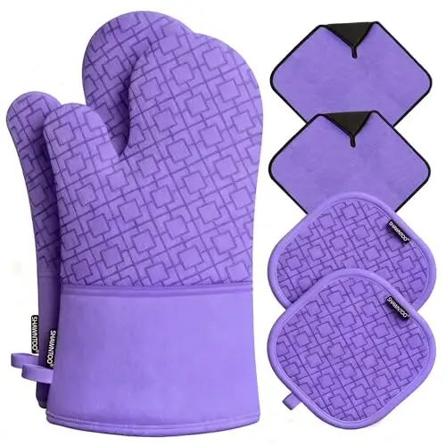 Oven Mitts and Pot Holders Sets 6pcs, Kitchen Oven Glove,High Heat Resistant 550 Degree Extra Long Oven Mitts and Potholders with Non-Slip Silicone Surface for Home Essentials (Grey) (Purple) - 1