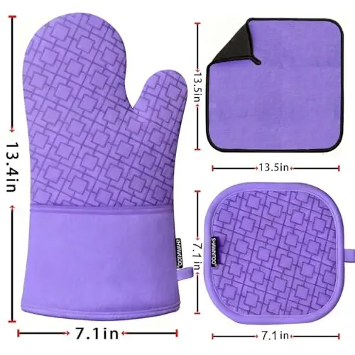 Oven Mitts and Pot Holders Sets 6pcs, Kitchen Oven Glove,High Heat Resistant 550 Degree Extra Long Oven Mitts and Potholders with Non-Slip Silicone Surface for Home Essentials (Grey) (Purple) - SHAWNTOO (1)