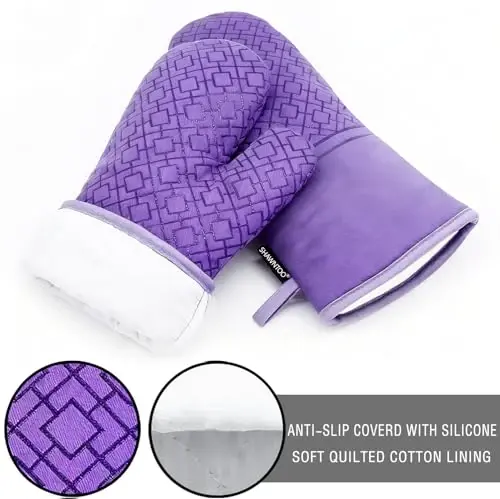 Oven Mitts and Pot Holders Sets 6pcs, Kitchen Oven Glove,High Heat Resistant 550 Degree Extra Long Oven Mitts and Potholders with Non-Slip Silicone Surface for Home Essentials (Grey) (Purple) - 3