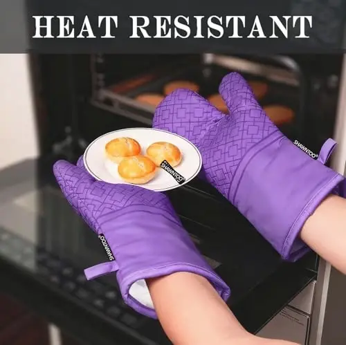 Oven Mitts and Pot Holders Sets 6pcs, Kitchen Oven Glove,High Heat Resistant 550 Degree Extra Long Oven Mitts and Potholders with Non-Slip Silicone Surface for Home Essentials (Grey) (Purple) - 4