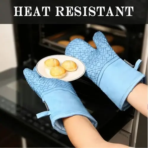 Oven Mitts and Pot Holders Sets 6pcs, Kitchen Oven Glove,High Heat Resistant 550 Degree Extra Long Oven Mitts and Potholders with Non-Slip Silicone Surface for Home Essentials (Grey) (Fog Blue) - 3