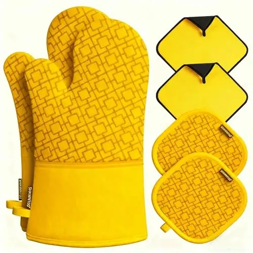 Oven Mitts and Pot Holders Sets 6pcs, Kitchen Oven Glove,High Heat Resistant 550 Degree Extra Long Oven Mitts and Potholders with Non-Slip Silicone Surface for Home Essentials (Grey) (Yellow) - 1
