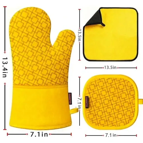 Oven Mitts and Pot Holders Sets 6pcs, Kitchen Oven Glove,High Heat Resistant 550 Degree Extra Long Oven Mitts and Potholders with Non-Slip Silicone Surface for Home Essentials (Grey) (Yellow) - SHAWNTOO (1)