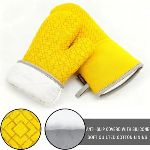 Oven Mitts and Pot Holders Sets 6pcs, Kitchen Oven Glove,High Heat Resistant 550 Degree Extra Long Oven Mitts and Potholders with Non-Slip Silicone Surface for Home Essentials (Grey) (Yellow) - 3
