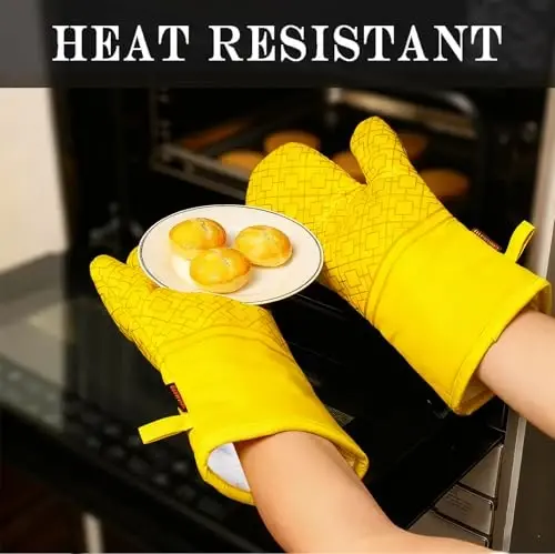 Oven Mitts and Pot Holders Sets 6pcs, Kitchen Oven Glove,High Heat Resistant 550 Degree Extra Long Oven Mitts and Potholders with Non-Slip Silicone Surface for Home Essentials (Grey) (Yellow) - 4