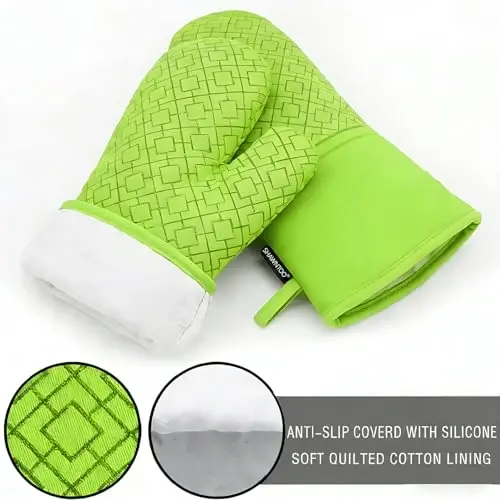 Oven Mitts and Pot Holders Sets 6pcs, Kitchen Oven Glove,High Heat Resistant 550 Degree Extra Long Oven Mitts and Potholders with Non-Slip Silicone Surface for Home Essentials (Grey) (Meadow Green) - SHAWNTOO (1)