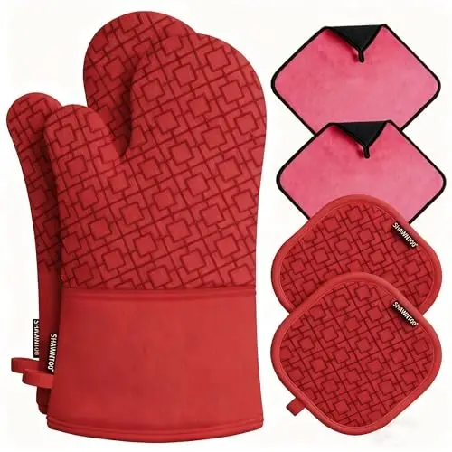 Oven Mitts and Pot Holders Sets 6pcs, Kitchen Oven Glove,High Heat Resistant 550 Degree Extra Long Oven Mitts and Potholders with Non-Slip Silicone Surface for Home Essentials (Grey) (Coral Red) - 1