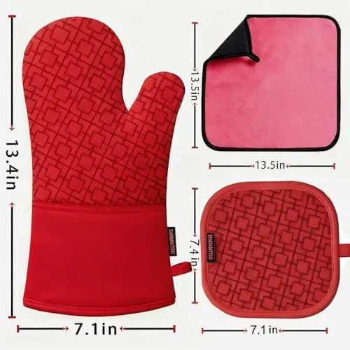 Oven Mitts and Pot Holders Sets 6pcs, Kitchen Oven Glove,High Heat Resistant 550 Degree Extra Long Oven Mitts and Potholders with Non-Slip Silicone Surface for Home Essentials (Grey) (Coral Red) - SHAWNTOO (1)