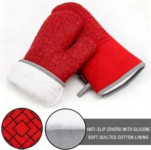 Oven Mitts and Pot Holders Sets 6pcs, Kitchen Oven Glove,High Heat Resistant 550 Degree Extra Long Oven Mitts and Potholders with Non-Slip Silicone Surface for Home Essentials (Grey) (Coral Red) - 3